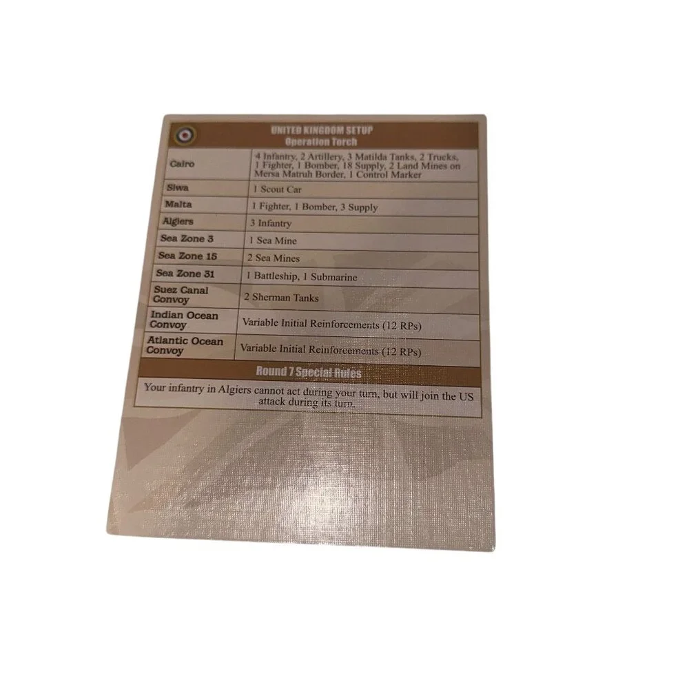 Hasbro Axis and Allies North Africa Board Game Country Cards Repalcement Parts